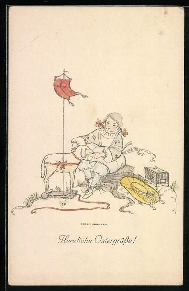 Cartoline postali: Mela Köhler: Mädchen mit einem Osterla – Usato da Berlin venduto da bartko-reher