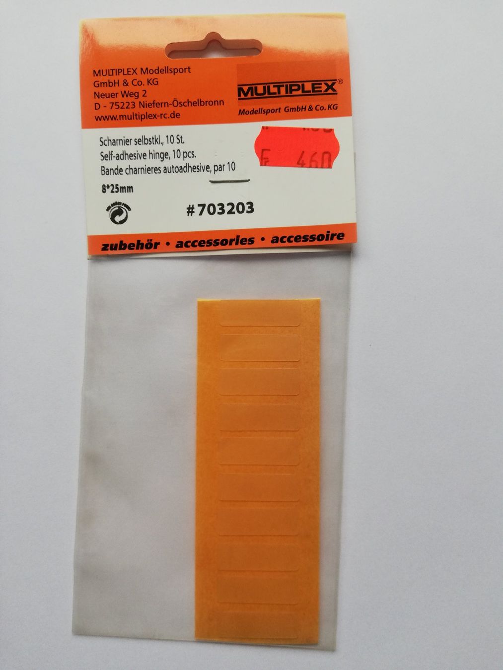 Modellismo RC: Multiplex Scharnier selbstklebend, 10 Stk., 8x25mm – Nuovo e nell'imballaggio originale da Flüh venduto da AMS-Modellbau