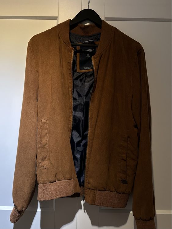 Springfield Herren Jacke In Wildlederoptik – Mit Reißverschluss, Elastischem Kragen & Recyceltem Polyester