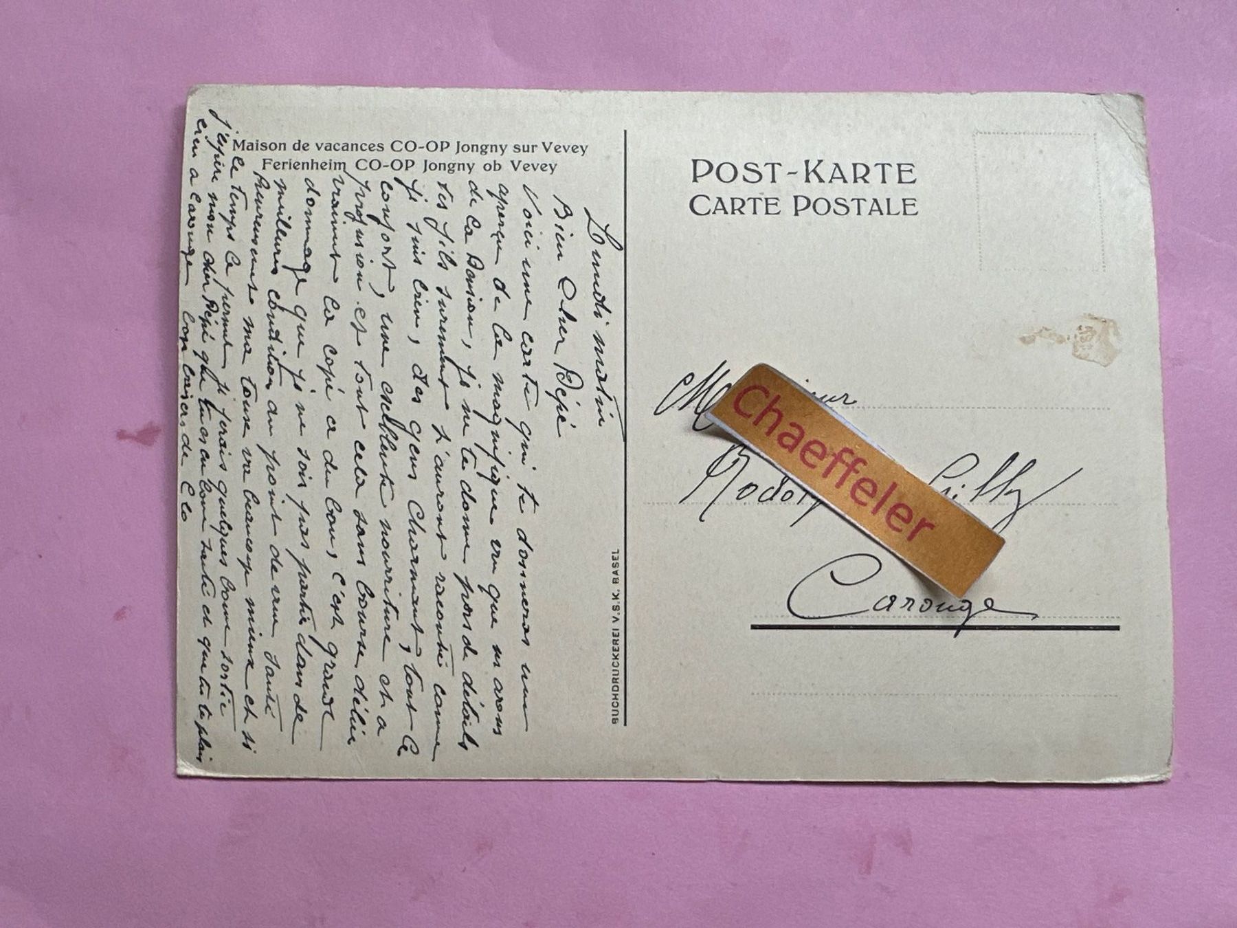 Cartoline postali: Ferienheim co-op Jongny ob Vevey – Usato da Zürich venduto da Chaeffeler 1