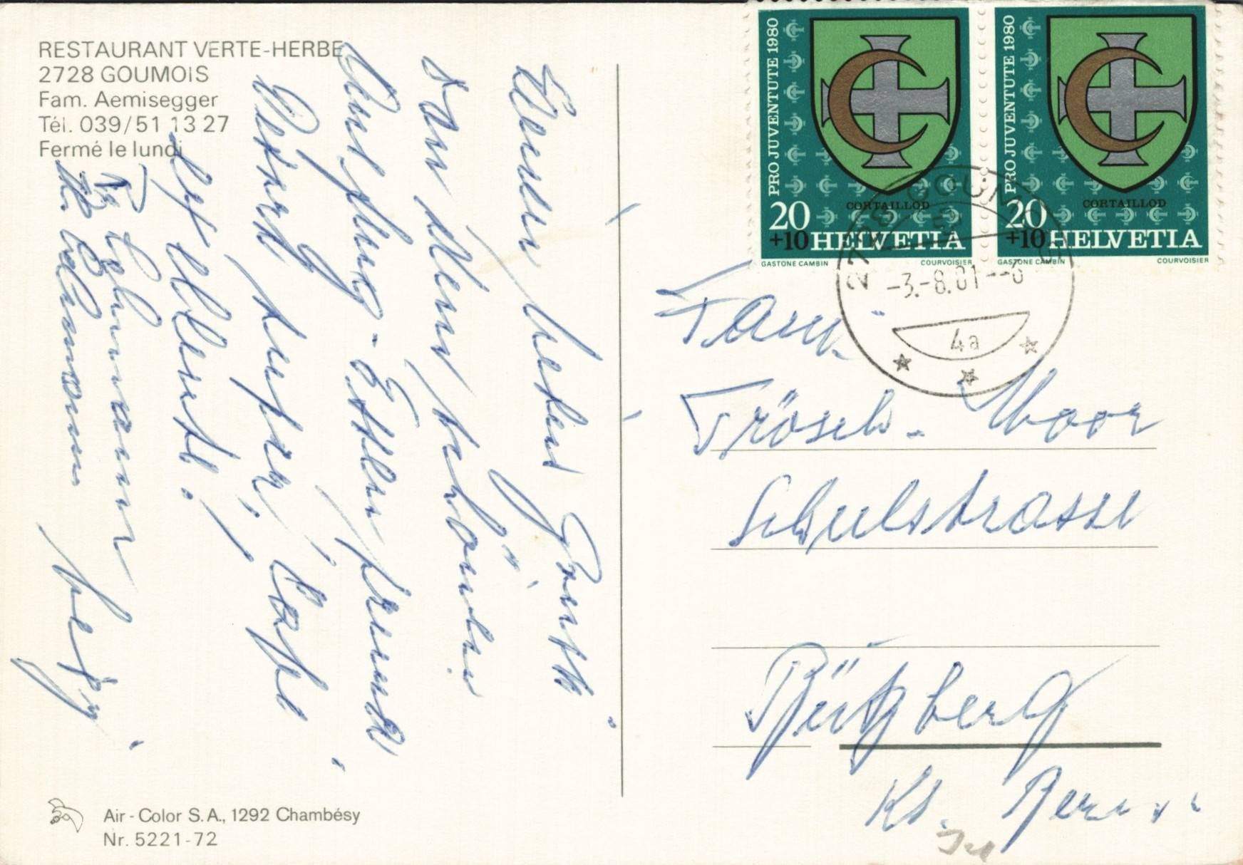 Cartoline postali: Restaurant Verte-Herbe, Goumois – Usato da Oberkirch LU venduto da sa_kr 1