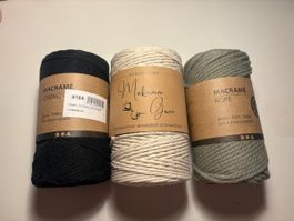 3x Makramee Garn • Natur, Schwarz, Grün
