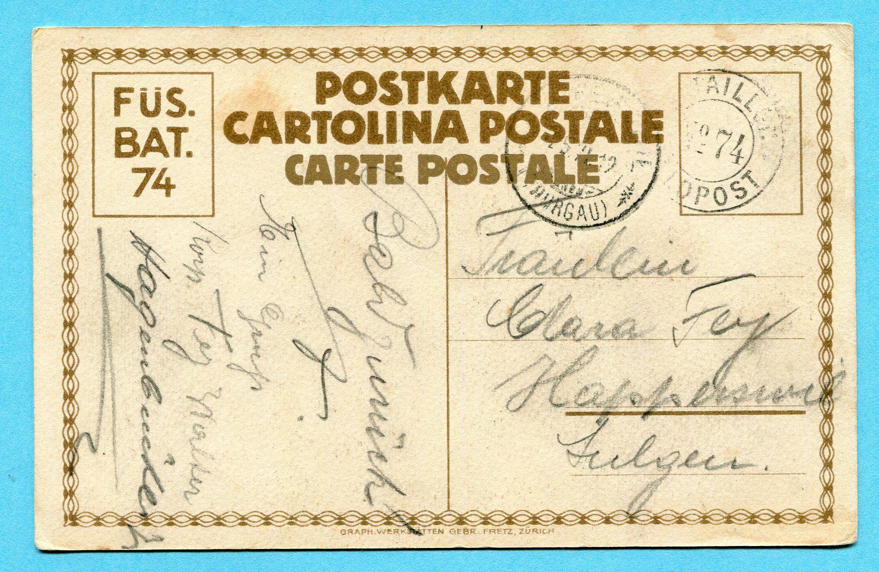 Tutti i francobolli: Karte Infanterie Nr. 144 - Bataillon 74 – Usato da Opfikon venduto da Prophila 1