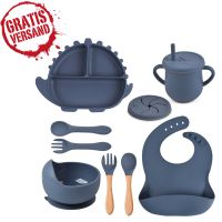 DINO Babygeschirr 9er Set–aus Silikon mit Saugnapf/Blau