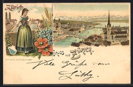 Litho Zürich, Panorama mit Kirche, Frau