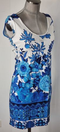 S 36 38 DESIGUAL Sommerkleid Etuikleid weiss blau floral