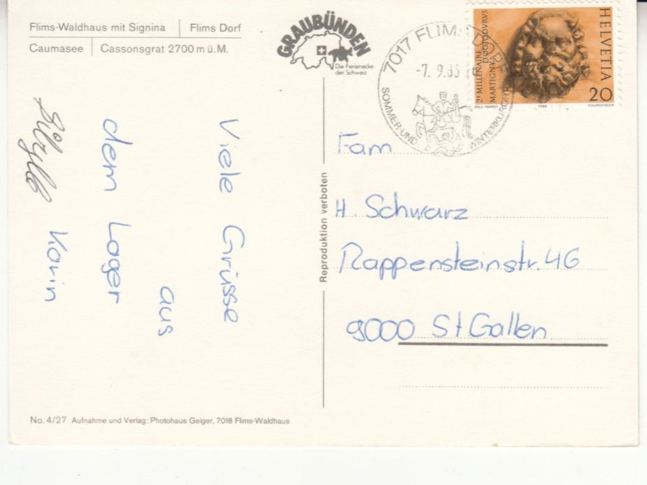 Cartoline postali: Flims 1983 – Usato da Bürglen TG venduto da StampGraf 1