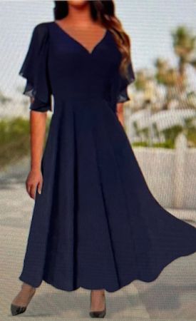 Elegantes dunkelblaues Kleid mit Flügelärmeln, Grösse 40