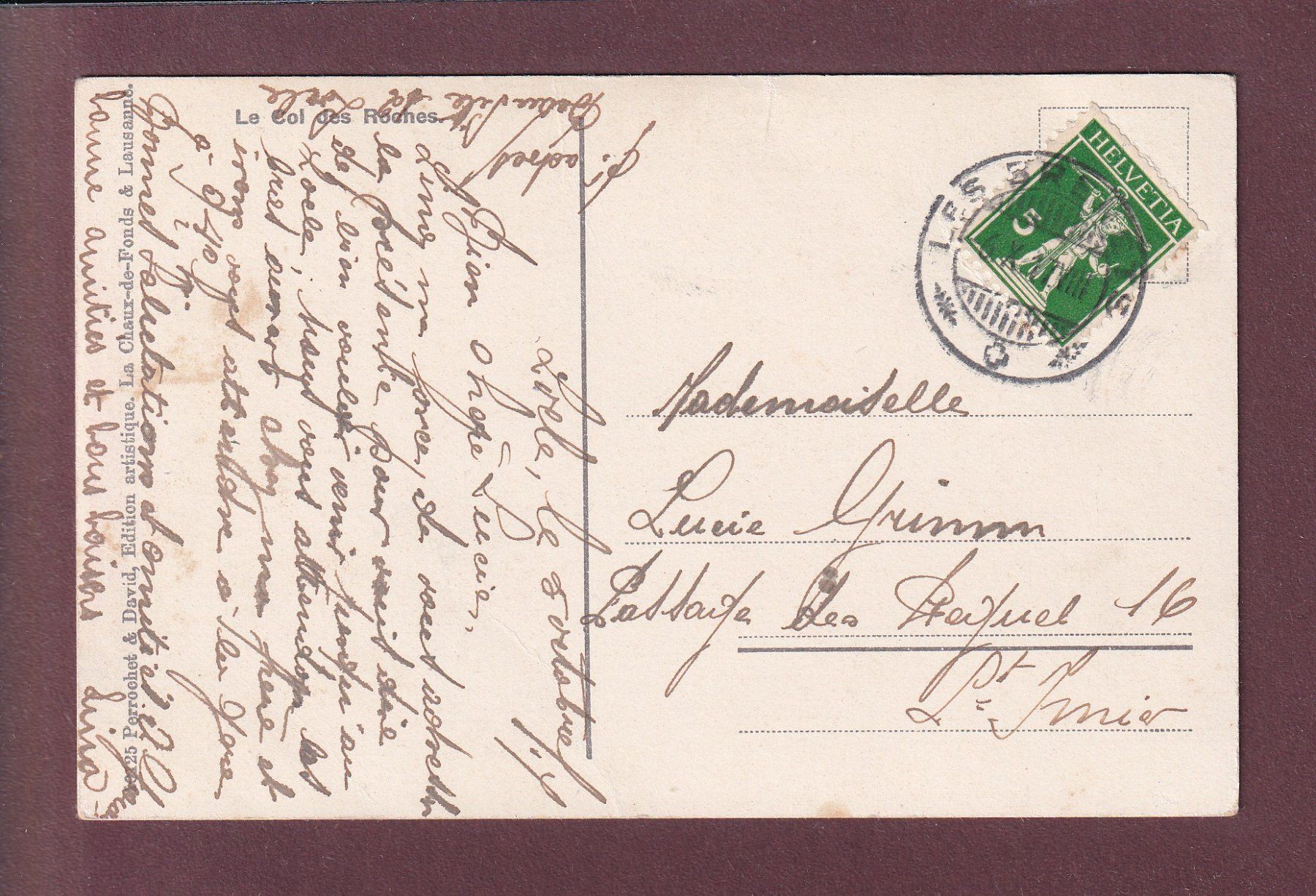 Cartoline postali: COL DES ROCHES - 1917 – Usato da Pully venduto da nicecards 1