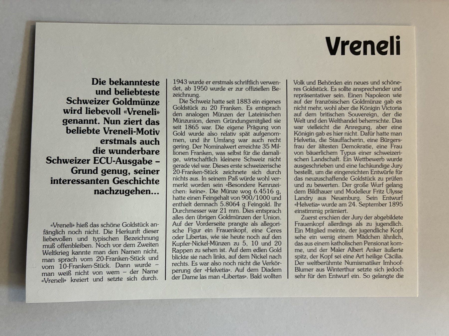 Alle Münzen: Münzbrief "Vreneli" 1995 – Gebraucht aus Hätzingen von bar_g6zj 2