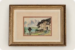 Tableau de paysage alpin – Chalet de montagne -- 25 x 30 cm