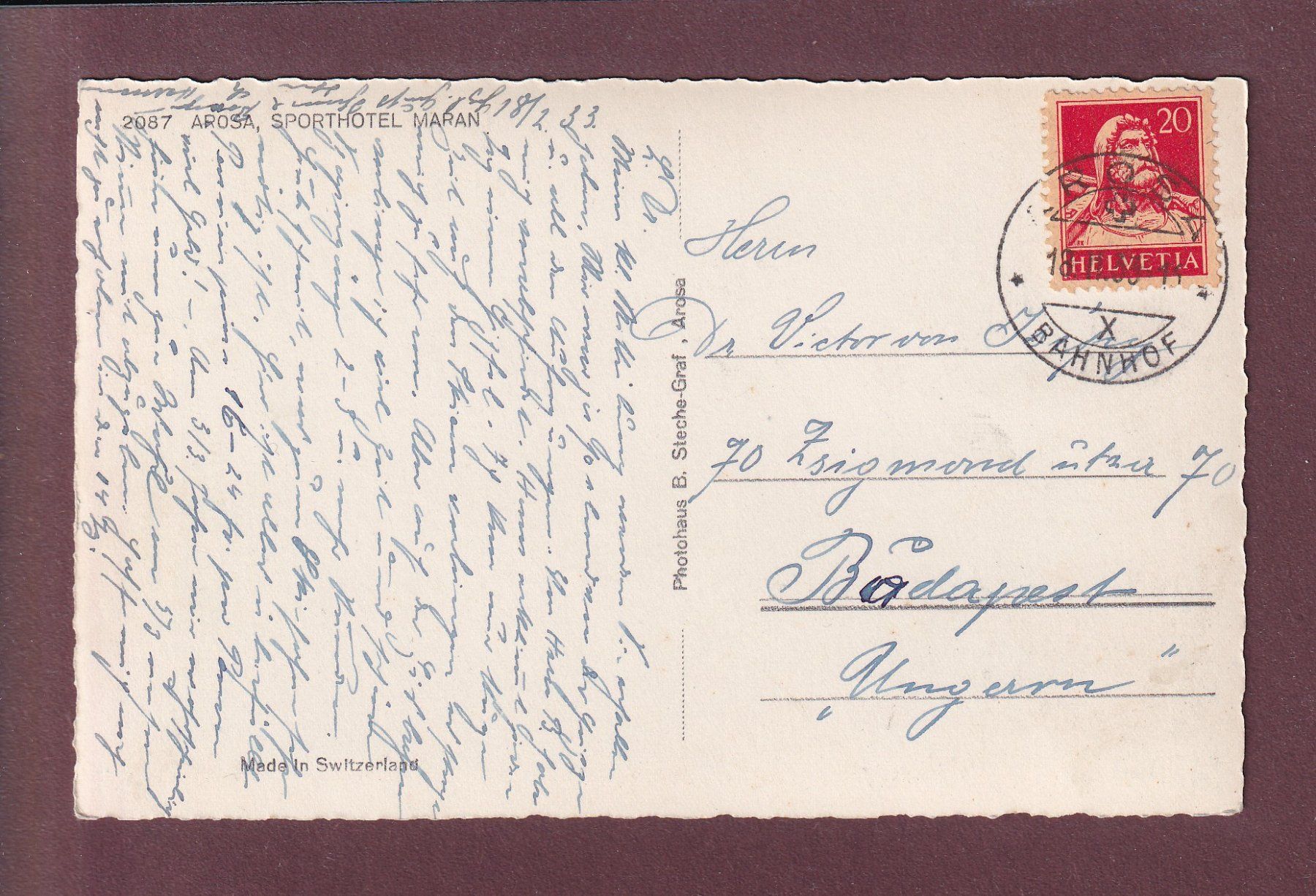 Cartoline postali: AROSA - Sporthotel Maran - 1933 – Usato da Pully venduto da nicecards 1