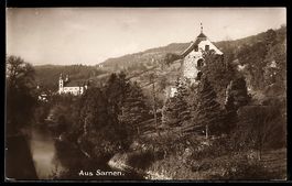 AK Sarnen, Ortsansicht mit Kirche und Turm am Fluss