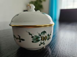 Meissen Zuckerdose grüner Drachen mit Goldrand