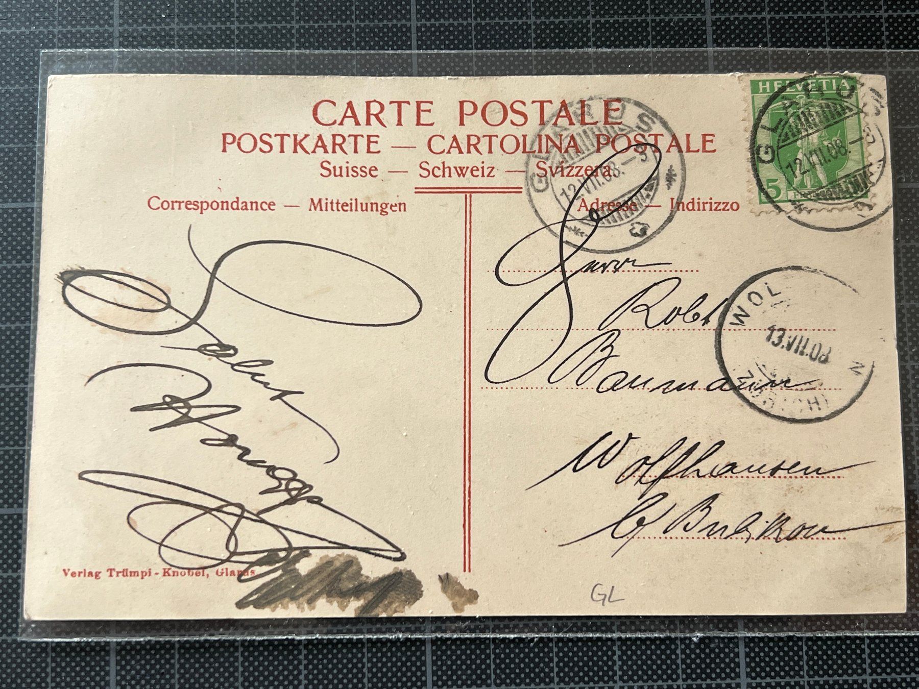 Cartoline postali: Glärnisch Klubhütte S.A.C., 1908 – Usato da Stäfa venduto da Hannahsita14 1