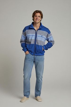 Hajo Homewear Blau Gestreifter Reißverschluss-Pullover -