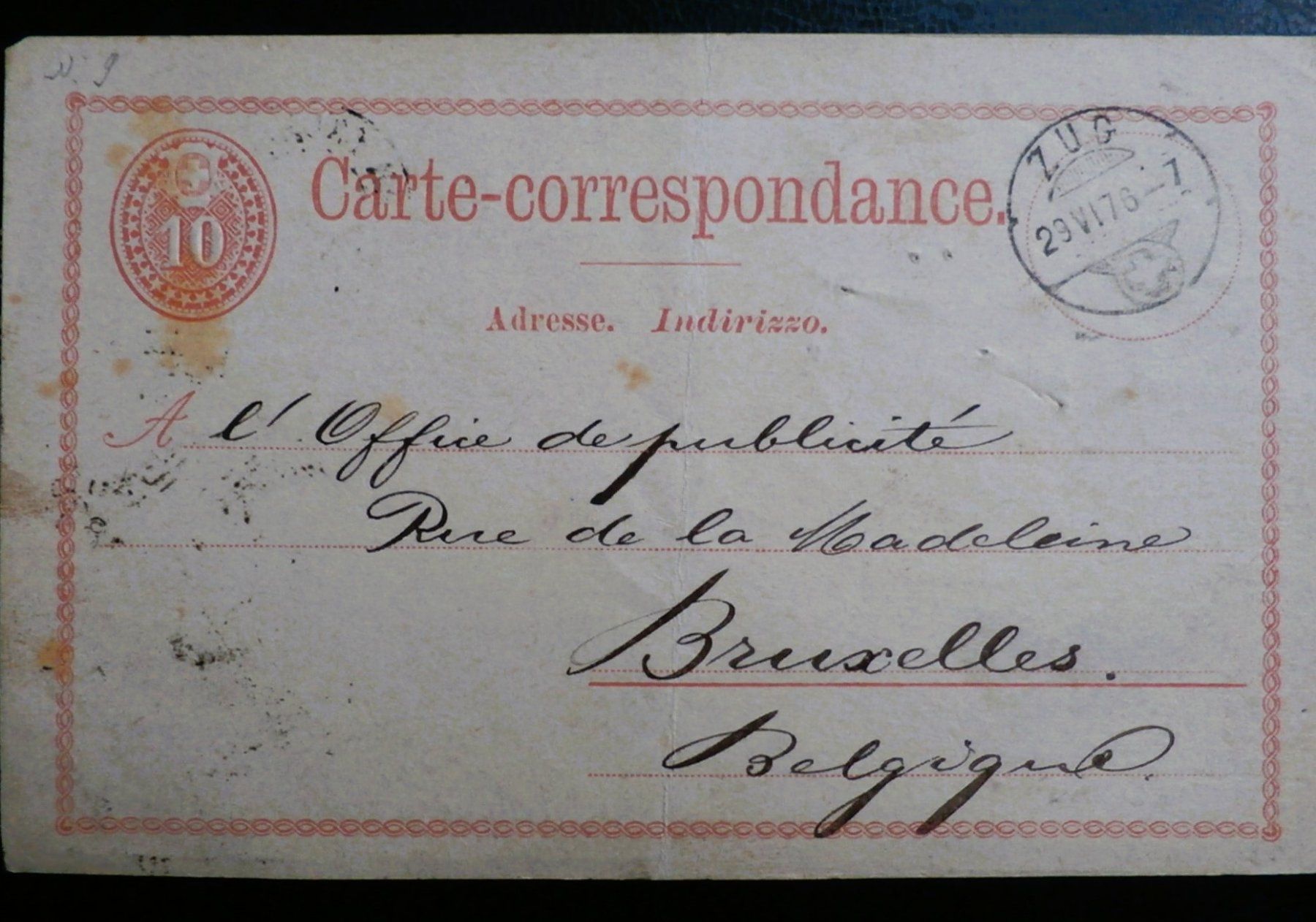 Tutti i francobolli: CH Postkarte 1877 Zug-Bruxelles – Usato da Kehrsatz venduto da Bernherb2