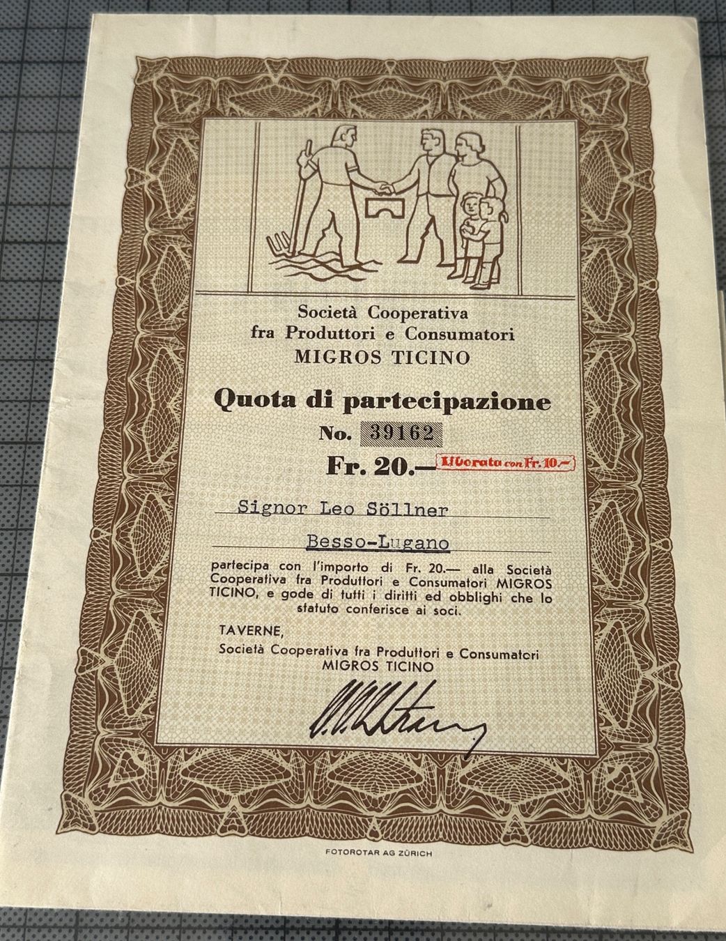 Migros Documents: Partizipationsschein Nr. 39162 von 1933 – D'occasion à Nussbaumen AG par olitech5415