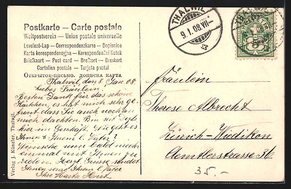 Cartoline postali: AK Thalwil, Teilansicht mit Bergen, 1908 – Usato da Berlin venduto da bartko-reher 1