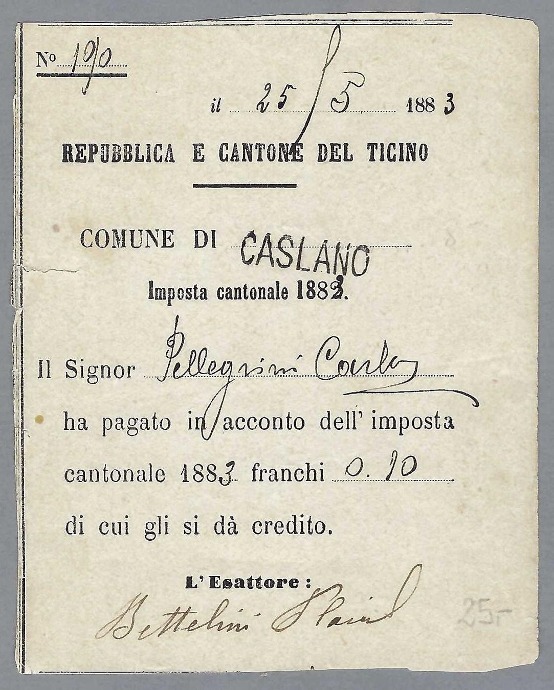 Tutti i francobolli: 1883, STAB-0 CASLANO, RICEVUTA IMPOSTA – Usato da Pura venduto da ulisse1957