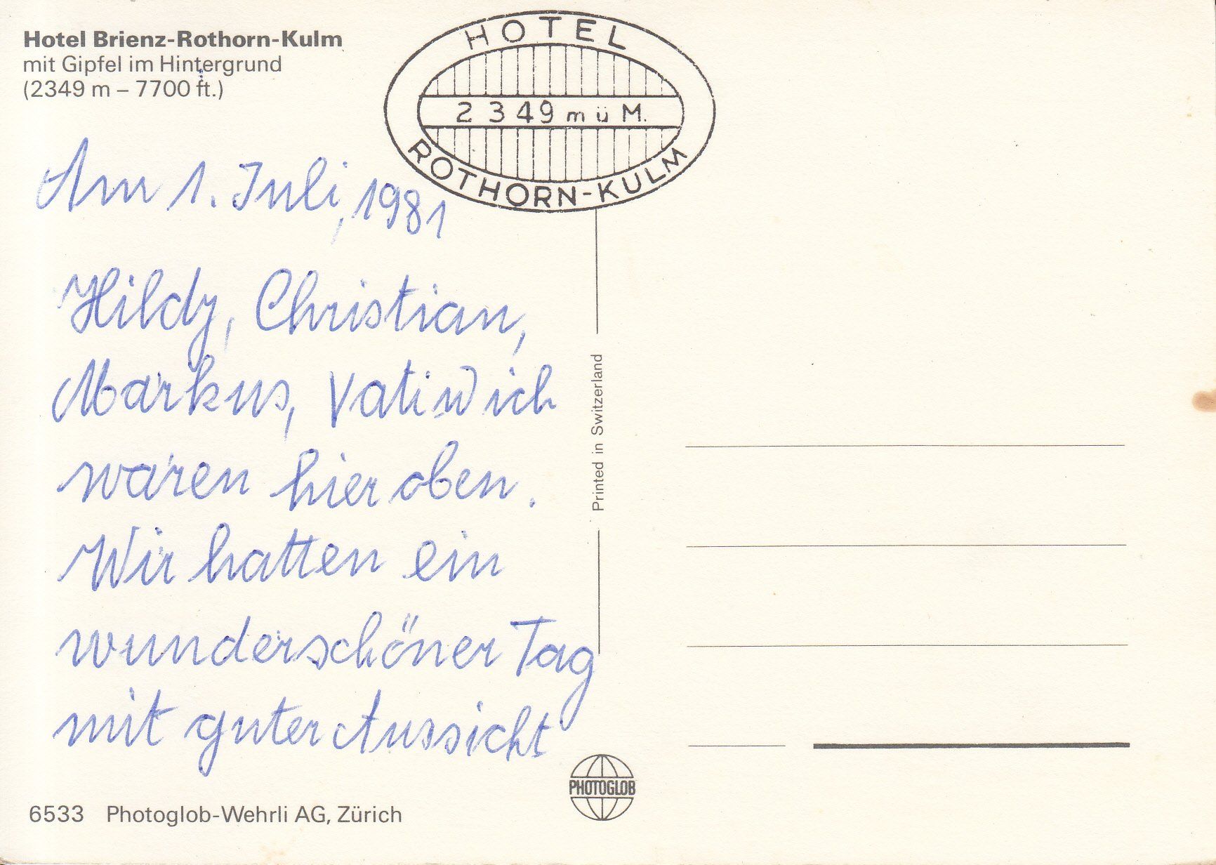 Cartoline postali: Brienz Rothorn Kulm 1981 – Usato da Bürglen TG venduto da StampGraf 1