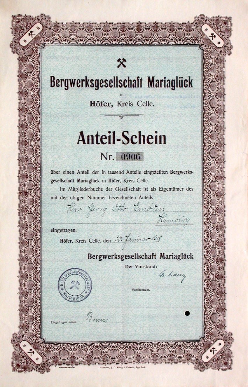 Documenti: Bergwerksgesellschaft Mariaglück, Höfer, Celle - 1918 – Usato da Solothurn venduto da Sgasche