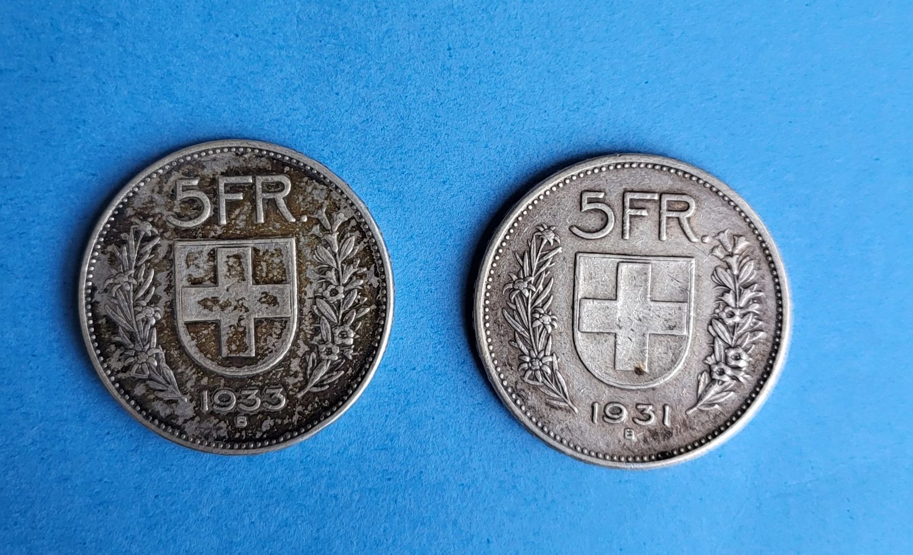 Alle Münzen: Silbermünze 2x5fr. 1931und 1933 – Gebraucht aus Thun von harry999