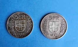 Silbermünze 2x5fr. 1931und 1933