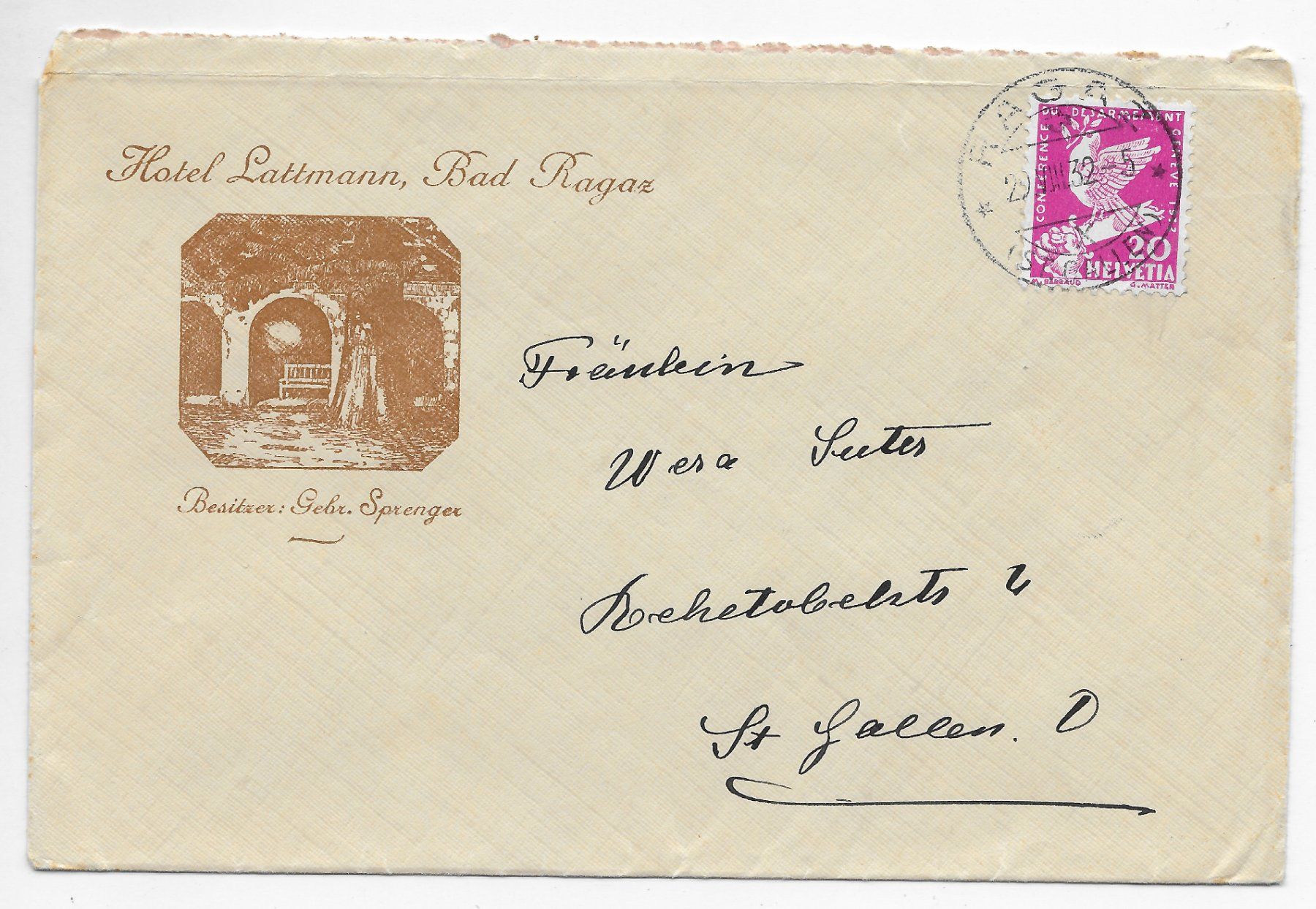 Tutti i francobolli: Brief Hotel Lattmann, Bad Ragaz 1932 – Usato da Hefenhofen venduto da Richsalz