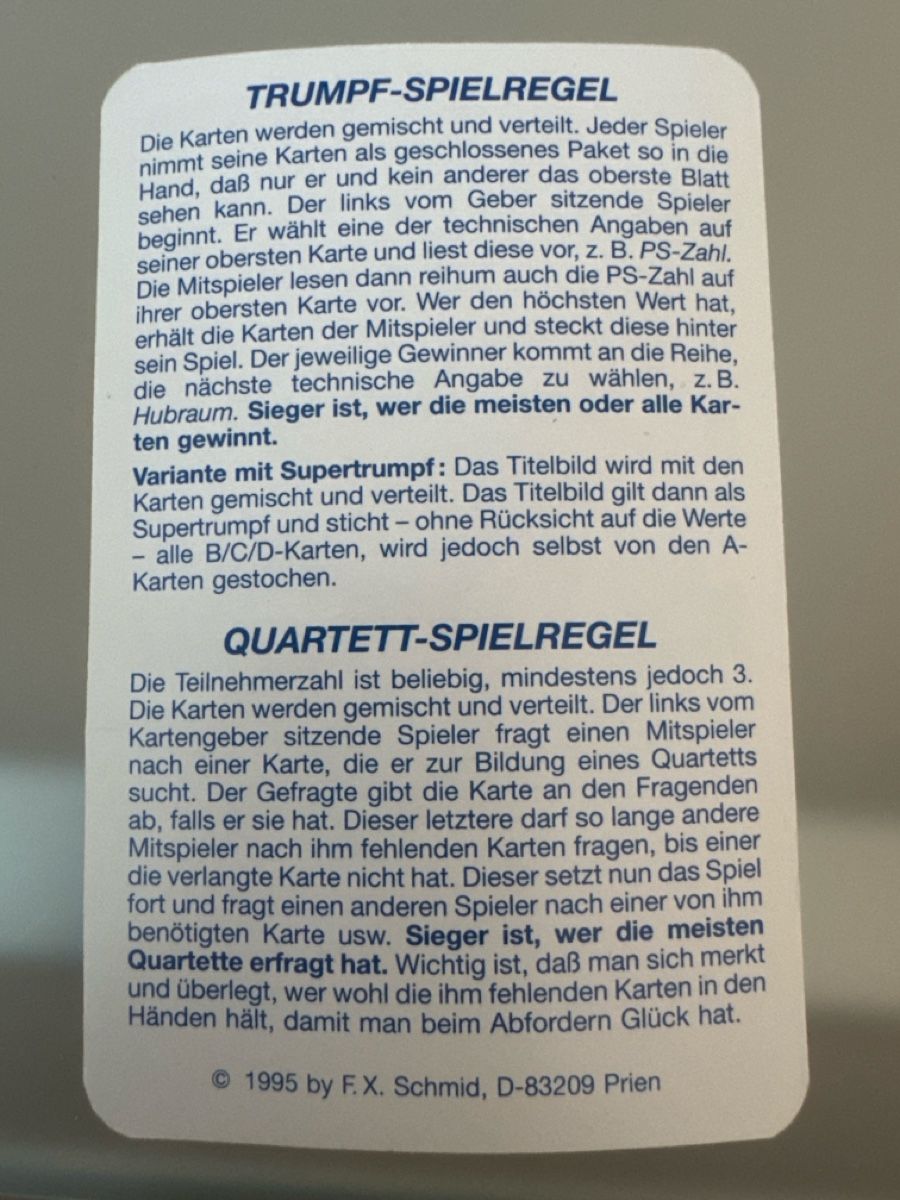 Giochi: Super Trumpf Quartett  Feuerstühle 1995 – Usato da Zürich venduto da Smarties13 2