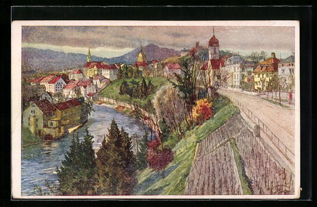 Cartoline postali: Baden, Ortsansicht mit Uferpromenade – Usato da Berlin venduto da bartko-reher