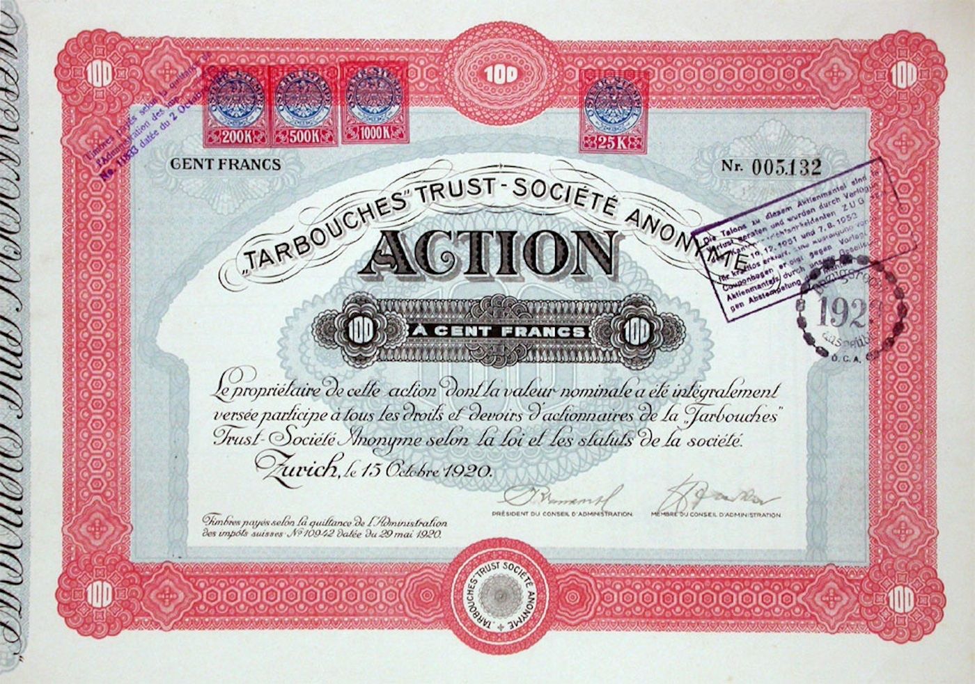Documenti: Tarbouches Trust SA, Zürich - 1923 – Usato da Solothurn venduto da Sgasche