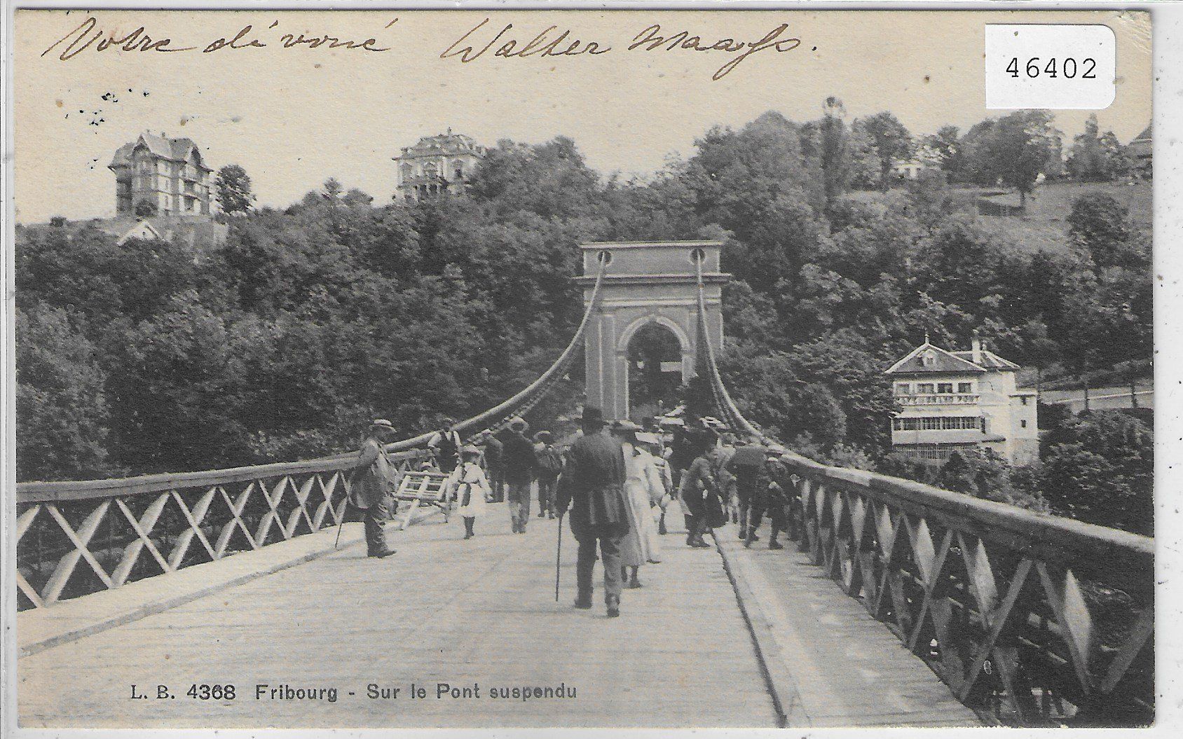 Cartoline postali: Fribourg - Sur le Pont suspendu  - animee – Usato da Ettingen venduto da Kartenplanet