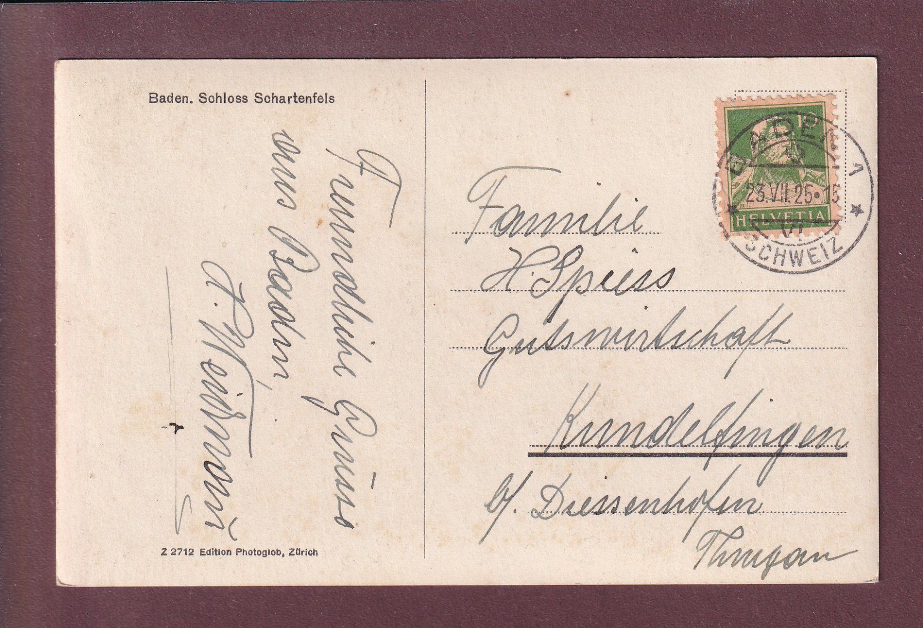 Cartes postales: BADEN - Schloss Schartenfels - 1925 – D'occasion à Pully par nicecards 1