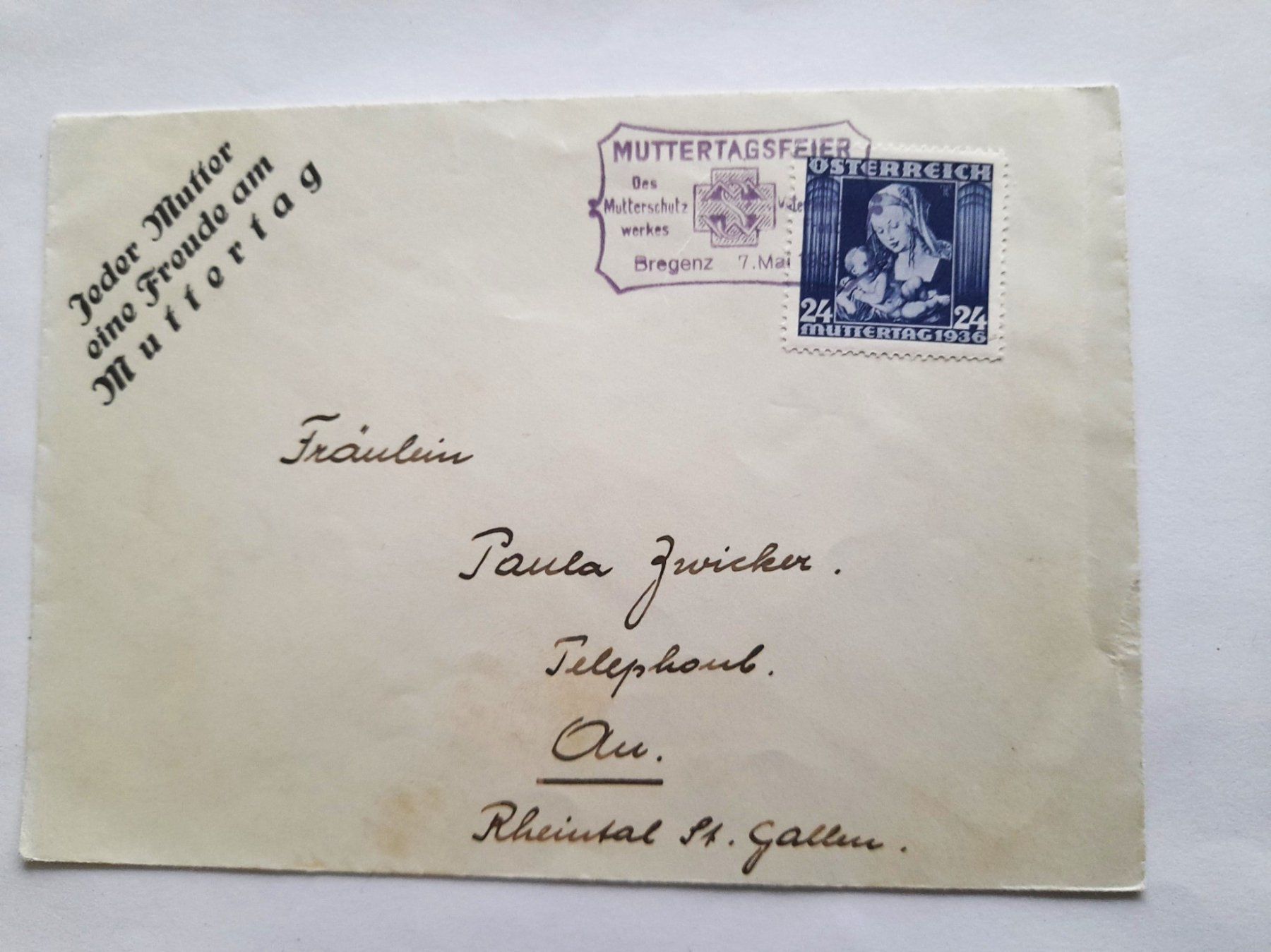 Tutti i francobolli: ÖSTERREICH  Sonderbrief Muttertagsfeier 1936, BREGENZ 7.V.36 – Usato da Uster venduto da schepus23
