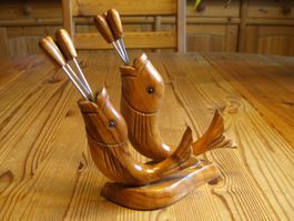 Vintage Cocktail Gabel Spender, 2 Fische, Holz 1950/70 Jahre