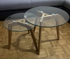 Set aus 2 Beistelltischen Glas & Holz (Ø 40cm & 50cm)