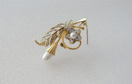Brosche Feder Blume golden silbern Perle