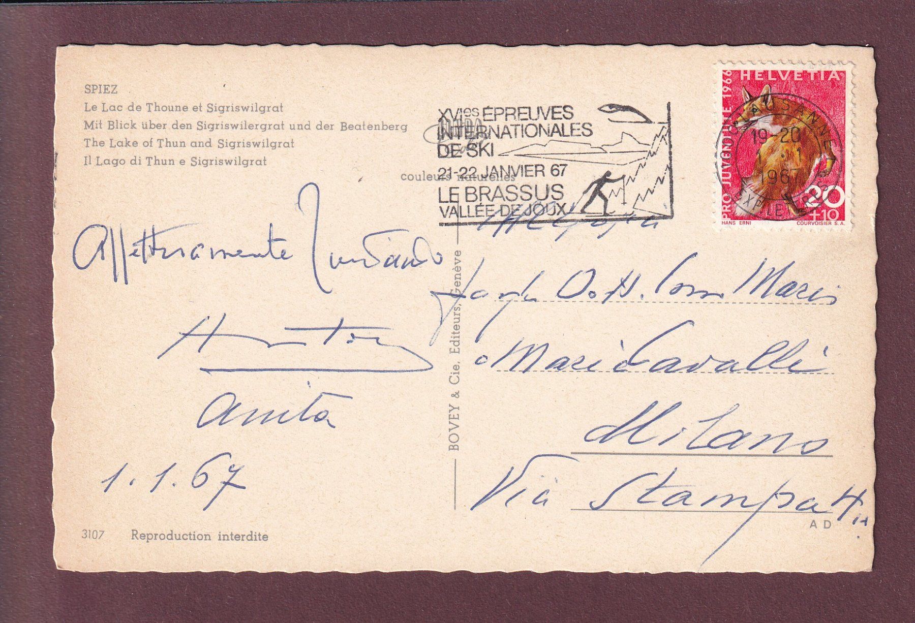 Ansichtskarten: SPIEZ - Thunersee - 1967 – Gebraucht aus Pully von nicecards 1