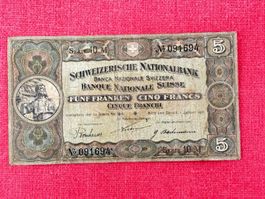 5 Franken Banknote 1921 seltener Jahrgang gebraucht