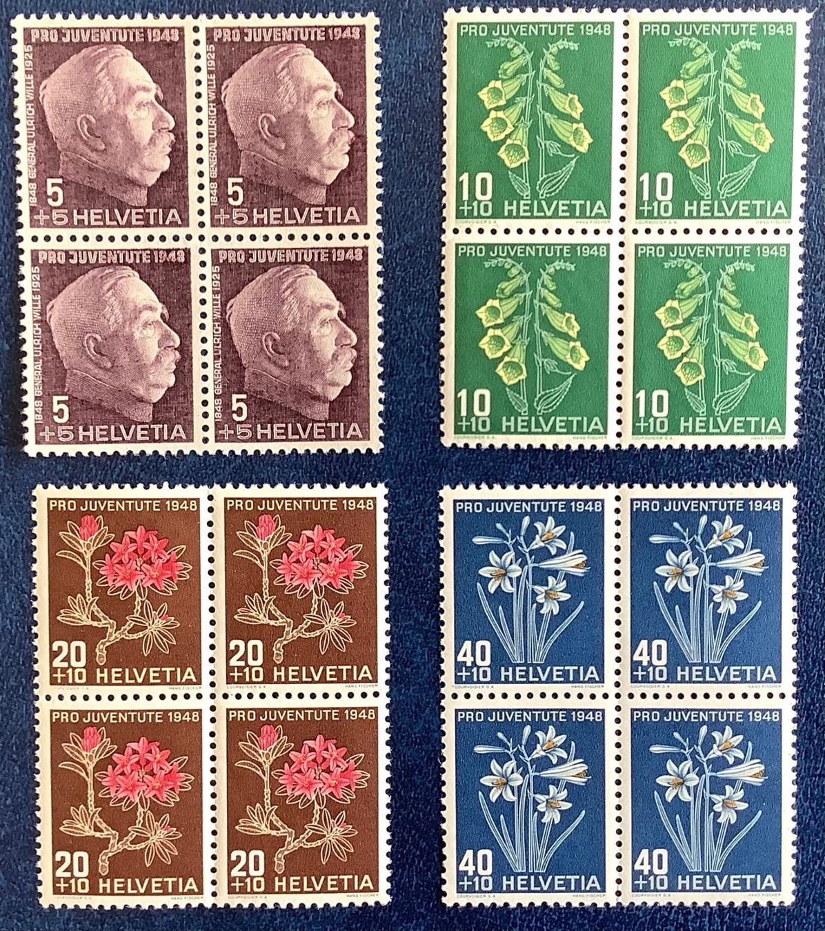 Alle Briefmarken: 1948 Pro Juventute Viererblöcke Postfrisch ** – Neu (gemäss Beschreibung) aus Liestal von Skunk02