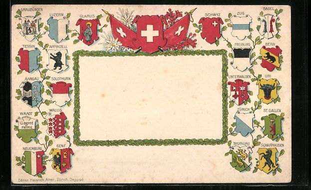 Cartoline postali: Präge-Lithographie Zug, Wappen von Base – Usato da Berlin venduto da bartko-reher