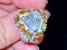 🪅Green Amethyst & Tourmalines SS925 14k Gold Vermeil Ring👑