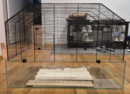 Kleintierkäfig mit Glasterrarium und Holzeinsätzen