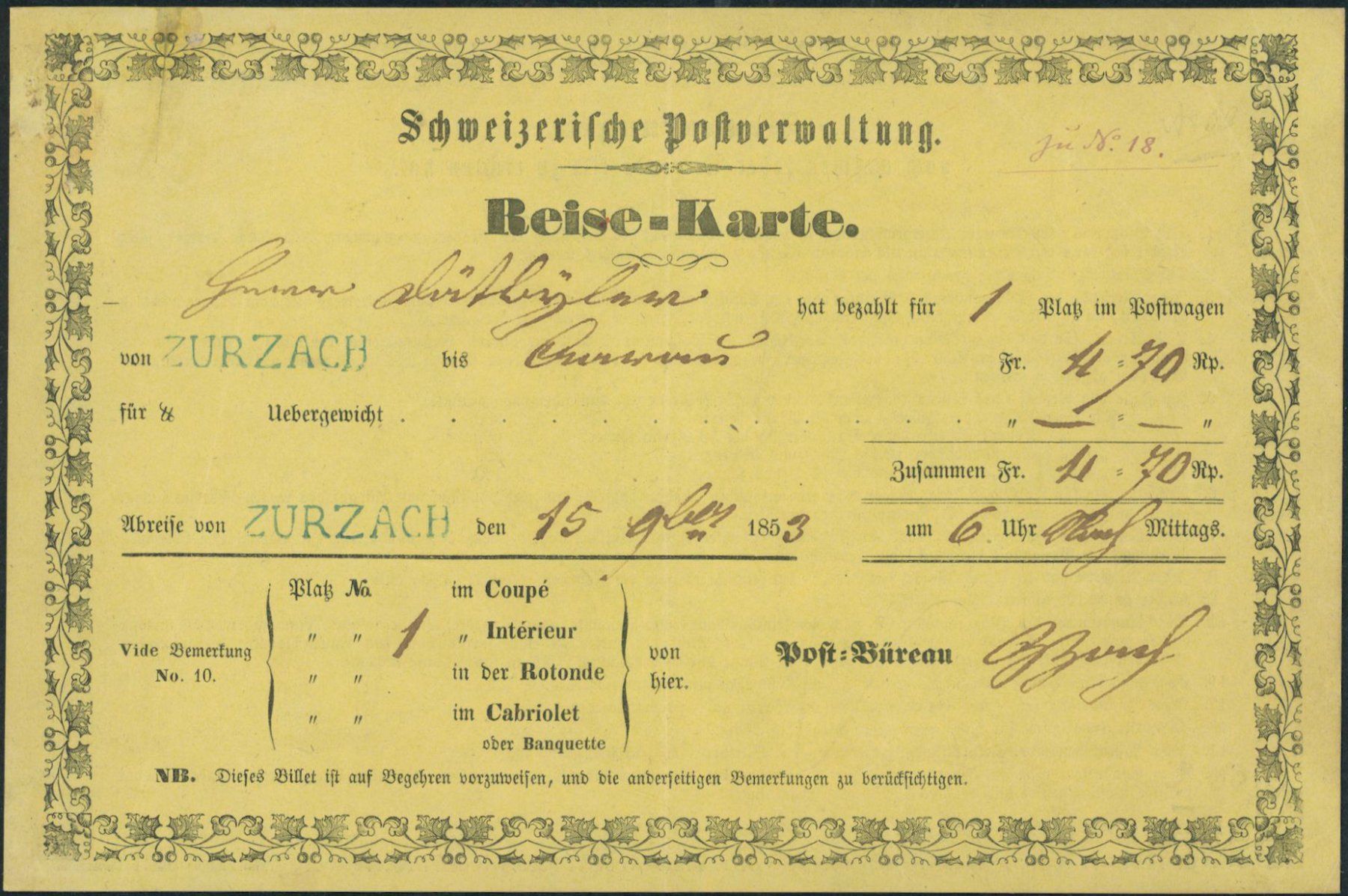 Alle Briefmarken: AG Zurzach - Postkutsche Billett - Stabstempel – Gebraucht aus Schindellegi von leecollect