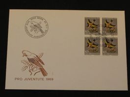 Pro Juventute FDC 1969 Nr. 228 4-Block Einheimische Vögel
