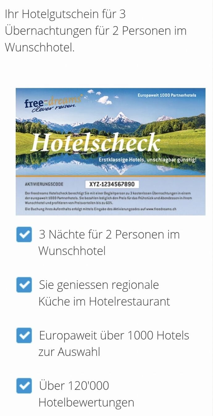 Gutscheine: Freedreams Hotelscheck bis 30.09.2026 - 3 Nächte! – Neu und originalverpackt aus Dornach von lau_y5xn