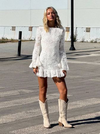 Beige Lace Mini Dress Boho Summer Style Size S