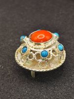 Vintage 925er Silber Ring Natur Türkis, Koralle Handarbeit