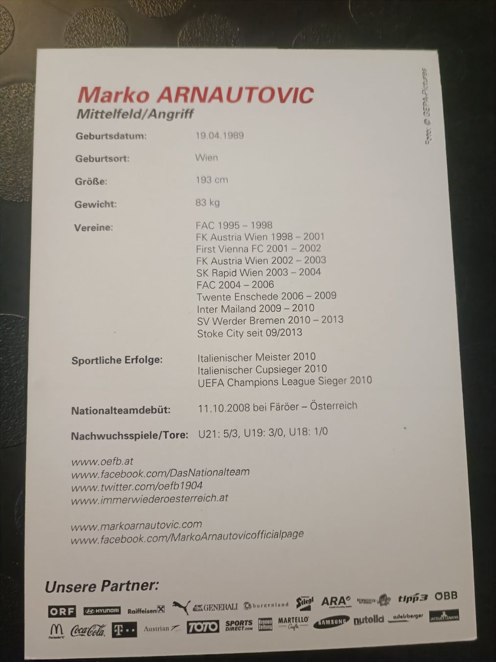 Autografi: Marko Arnautovic - handsignierte ÖFB Autogrammkarte von 2016 – Usato da Menziken venduto da Artographs 1